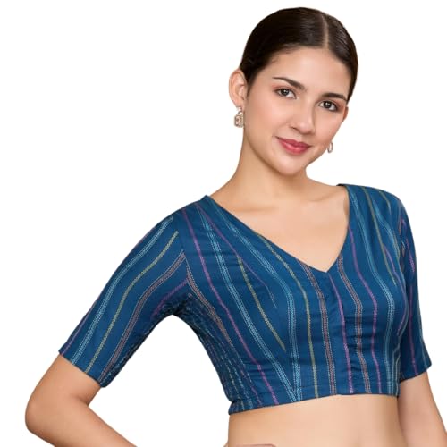 Image of Studio Shringaar Women's Blue Cotton Handloom Stretchable (Smocked) Readymade Saree Blouse