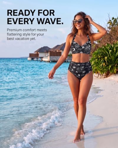 Image of Holipick Women's High Waisted Bikini Set | Halter V-neck, Removable Pads, Ruched Tummy Control, Full Coverage, for Beach,Pool, and Vacation