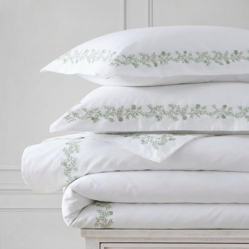 Image of Martha Stewart - Twin Comforter Set, Soft Cotton Front with a Smooth Cotton Percale Reverse, 2 Piece Bed Set with Matching Pillowcase (Garden Path Embroidery Green)