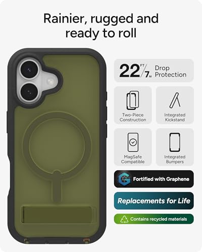 Image of ZAGG Rainier Case with Kickstand for iPhone 17 - Green Sea Kelp, Graphene 22ft (7m) Drop Protection, Lanyard Attach Points, MagSafe, Wireless Charging Compatible, 2-Piece Design, Phone Case