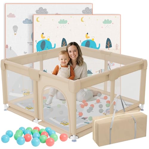 JUPPLIES Parque Infantil Bebe 120x120cm + Alfombra Bebe + 50 Bolas + Bolsas de Transporte – Corralito Bebe con Malla Transpirable – Parque de Juegos Bebe – Playpen Bebe - (Beige)