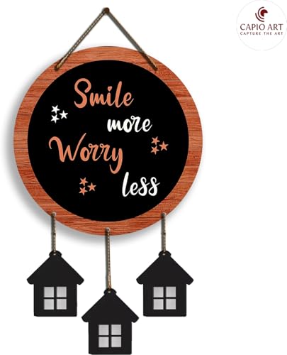 Image of CAPIO ART Welcome Wooden Quote Wall Hanging Decoration Items for Home Decor | Mdf Art for Living Room & Bedroom | Decorative Item for Office & House | Gifts Modern Wood Hanger - Smile More Worry Less