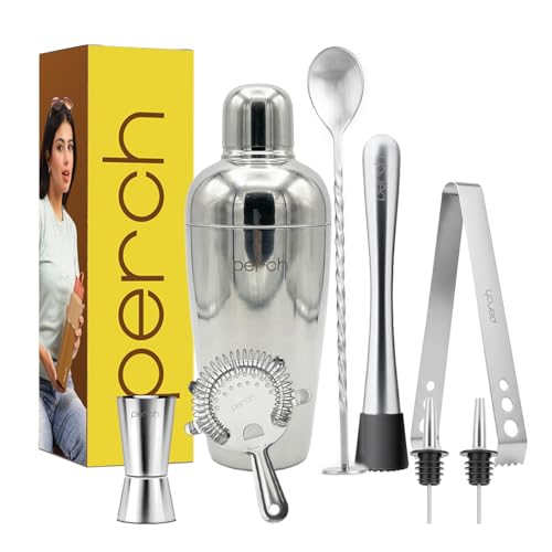 Image of O' Holic by Perch Craft 8-Piece Stainless Steel Bartender Kit|Premium Cocktail Shaker Set with Jigger 30 /60ml, Spoon,Pourer,Ice Tong, & Bar Tools|Professional Bar Set for Home &Tour Parties|Silver
