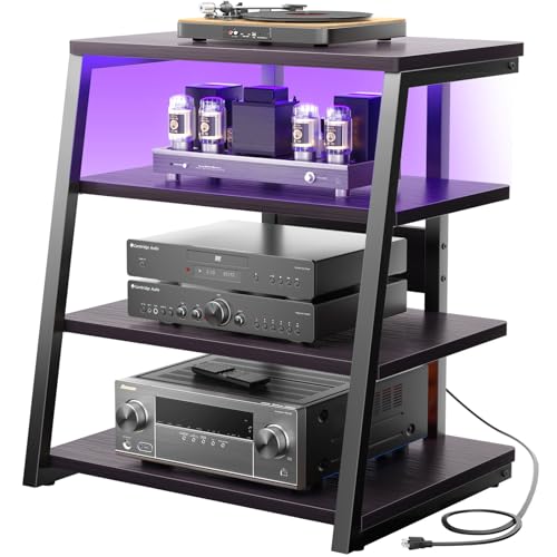 armocity 4-Tier AV Media Stand with Power Strips, Corner TV Stand with LED Lights, Rack Audio Tower with Adjustable Shelves, Corner Entertainment Center, 30'', Black Ebony