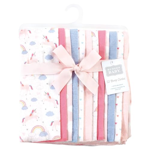 Image of Hudson Baby Unisex Baby Cotton Poly Flannel Burp Cloths Bundle, Unicorns Rainbows, One Size