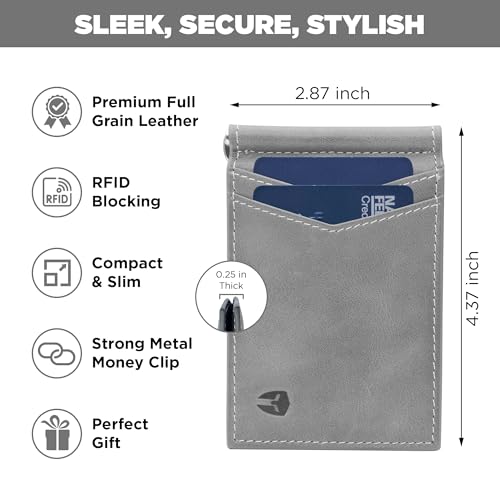 Image of Bryker Hyde RFID Blocking Slim Minimalist ID Inside Front Pocket Wallet, Premium Full Grain Leather, Money Clip, 9 card Slots, Leather (Slate Gray)