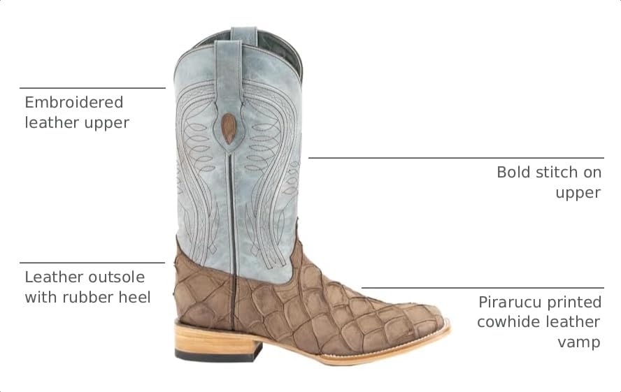 Image of Ferrini Italia Mens Bronco Pirarucu Print Embroidered Square Toe Pull On Casual Boots Mid Calf - Blue, Brown
