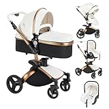 Nine point nine Cuero PU Carrito Bebe 3 en 1, Carricoche Bebe 3 Piezas con Asiento Giratorio 360°, Carro Bebe 3 Piezas con Capazo Grande Cómodo, Cochecito Bebe Marco de Aleación Aluminio (906 White)