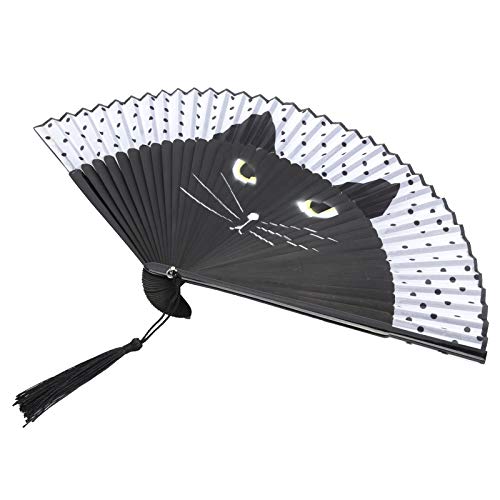 Haofy Ventilador de Inyección de Tinta Pintado a Mano con Diseño de Gato de Dibujos Animados para Actuaciones en Iglesias, bambú de 14,8 X 8,3 Pulgadas