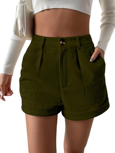 Image of Leriya Fashion Women's High Waist Tailored Shorts, Ribbed Poly Lycra Blend Summer Shorts with Pockets & Button Closure, Elegant Folded Hem Casual Wear for College, Brunch & Daily Outings