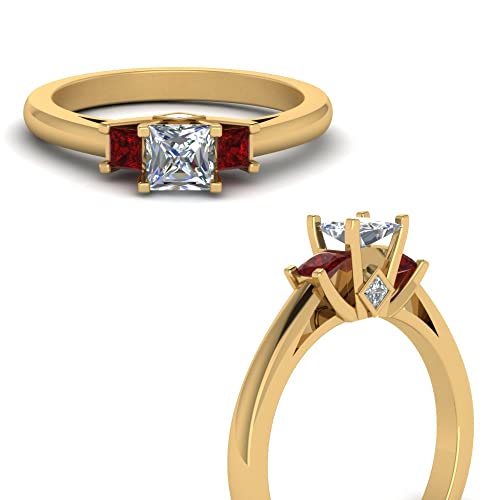 Image of Choose Your Gemstone Three Stone Princess Diamond CZ Engagement Ring Yellow Gold Plated Princess Shape Side Stone Engagement Rings Minimal Surprise Gifts for Ladies US Size 4 to 12