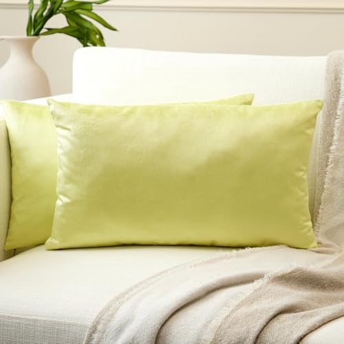 Image of Encasa XO Velvet Throw Pillow Covers 12x20 in (30x50 cm) - Pale Lime - No Inserts, Pack of 2 Cases | Solid Plain Dyed Soft & Smooth, Square Decorative Cushion Covers for Living & Bedroom