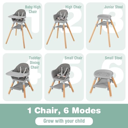 BABY JOY Baby High Chair, 6 in 1 Convertible Wooden Highchair for Babies & Toddlers with Adjustable Legs, Removable Double Tray, Safety Harness & Waterproof PU Cushion (Gray)