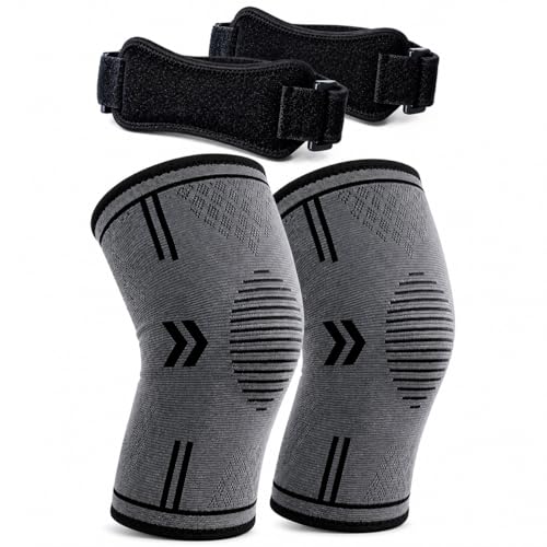 PAMVASRO Knee Brace Support Kit (4 Pack) – 2 Compression Knee Sleeves + 2 Adjustable Knee Patella Straps for Running, Gym, Work & Daily Support (Medium)
