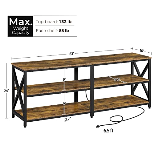 Yaheetech Industrial 63 Inch Tv Stand With Power Outlet For Up To 75 Inches Tvs, Media Entertainment Center With Charging Station For Living Room, Large Tv Table With 3-Tier Open Shelves, Rustic Brown #TOP3