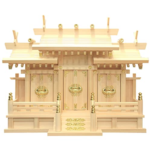 松山神仏具店 神棚 屋根違い三社 小 雲シール付 日本製 国産 檜 ひのき 幅54cm 高44cm 奥23cm