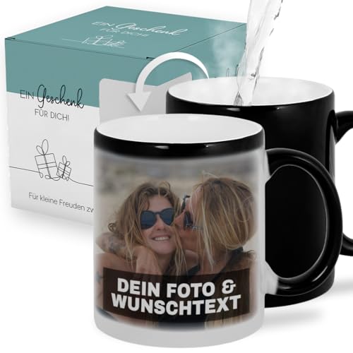 Farbwechseltasse personalisiert mit Foto & Text Zaubertasse | Magic Mug schwarz zu weiß | Individuelle Kaffeetasse Kaffeebecher & Geschenkidee | Schwarz Standard mit Geschenkkarton Geschenk
