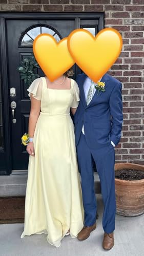 Women's Short Sleeve Bridesmaid Dresses A Line Chiffon Square Neck Long Formal Dresses with Slit IMC0274