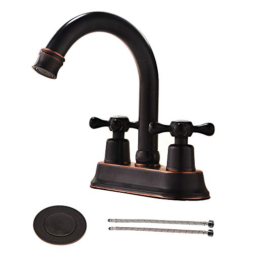 VAPSINT Retro Lavatory Vanity 2 Handles 3 Holes Oil Rubbed Bronze Bathroom Faucet, Bathroom Sink Faucet with Water Supply Lines and Pop Up Drain
