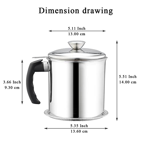 Image of Kyraton Bacon Grease Container With Strainer,48 Oz Stainless Steel Oil Container,Pot Fat Storage With Lid,Easy Grip Handle Suitable For Storing Frying Oil (14.5 X 13.6 X 14 Centimeters,Silver)