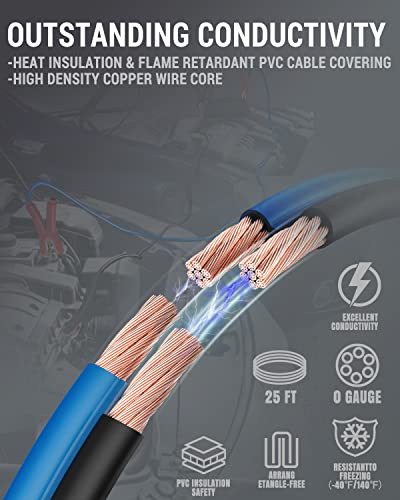 Powrun P025 Jumper Cables for 12/24V Car Battery, 1000A Heavy Duty Booster Cables with Carrying Bag, Jumper Cables Kit for Vehicles with up to 8.0 L Gas and 6.0L Diesel Engines