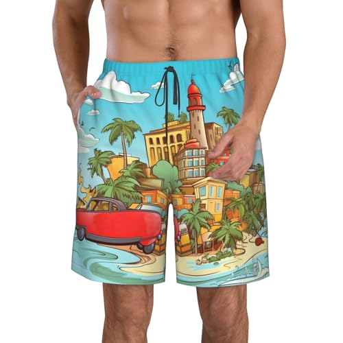 Island of Cuba Men's Swim Trunks Quick Dry Board Shorts with Pockets Casual Drawstring Beach Shorts