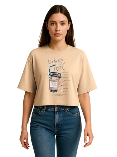 Image of HELLCAT Beige Printed Loose Fit Crew-Neck Crop T-Shirt for Women