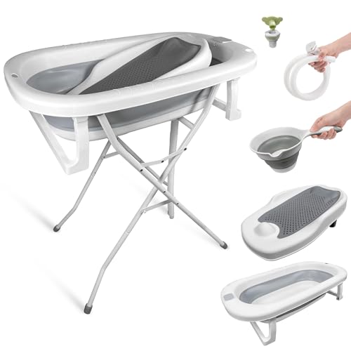Bañera Bebe con Patas. Bañera Plegable Bebé con Silla Baño portatil Bañeras para Bebes Plegables con Soporte Metalico Antideslizante Tubo de Desagüe y Aclarador para Bebe