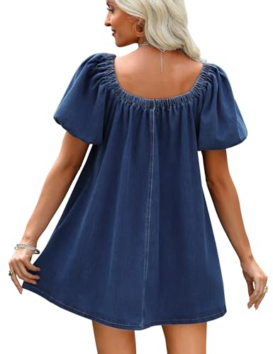 Image of Women Denim Dress Puff Short Sleeve Square Neck Jean Dress 2026 | Two Side Pockets, Babydoll Mini Dress, Stretchy Breathable Fabric, Casual Daily Outfits, Western Counrty Concert Outfits