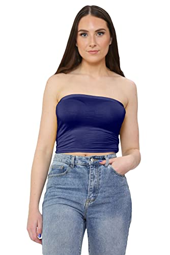 janisramone® Women's Bandeau Crop Top, Stretchy Strapless Boob Tube Style Womens Summer Tops - Crop Tops for Women, Ideal Going Out Tops for Women UK Navy