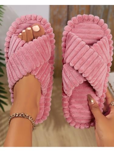 Eforcase Women Fuzzy Fluffy House Slippers Cute Plush Shoes Cross Band House Slippers Sandals Indoor Outdoor Open Toe Sandals2