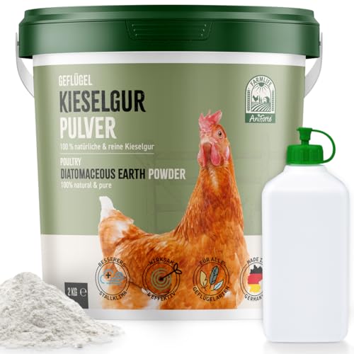 AniForte Kieselgur für Hühner & Geflügel 2kg inkl. Stäubeflasche - Reines Kieselgur Hühner Pulver, Kieselerde Pulver, Naturprodukt für Hühnerstall, Laborgeprüft für Geflügel Betriebe