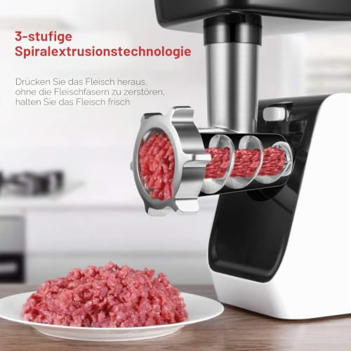 Foto von Elektrischer Fleischwolf Edelstahl, OSTBA 5-in-1 Fleischwolf mit wurstfülle, Multi Küchenmaschine, Fleischklößchen, Reverse-Funktion, 2000W MAX