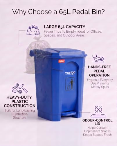 Image of pedal dustbin with lid, heavy duty plastic garbage bin, hands-free step-on waste bin for kitchen, office, home, hotel, bathroom & outdoor use (Blue, 65 Liters)