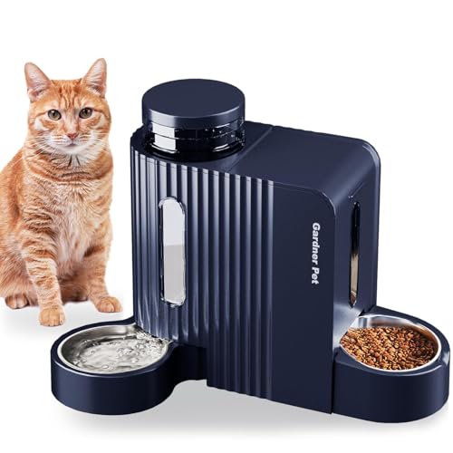 Gardner Pet 2 in 1 Distributore Automatico Cibo e Acqua Gatti (3L*2), Distributore Automatico Cibo Gatti con Ciotola in Acciaio Inox, GravitÀ Dispenser Crocchette Gatto, Senza BPA, Blu Scuro