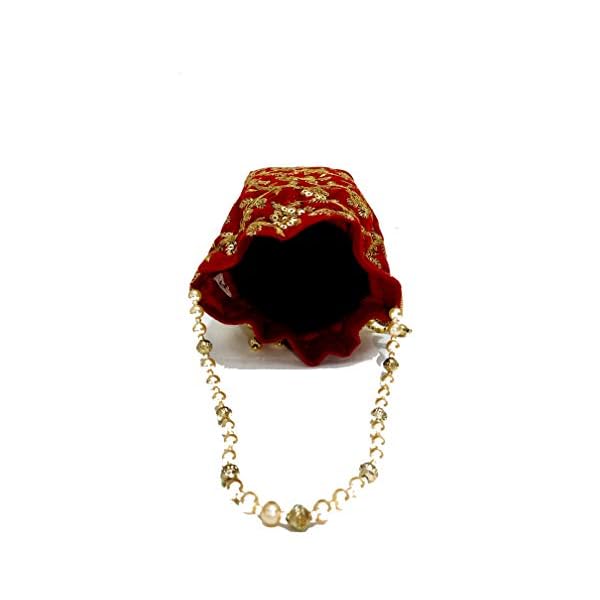 SHAKUNTLA VINTAGE Chanderi Women's Velvet Ethnic Bridal Potli Bag With Sequins and Thread Work | Red - Image 4