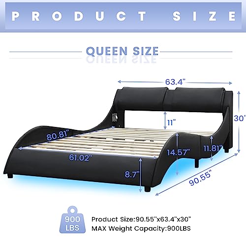 Dictac Queen Led Bed Frame Modern Faux Leather Upholstered Platform Bed Frame Queen Size With Rgb Led Lights And Headboard Wave Like Curve Low Profile Bed Frame,Wood Slats Support,Easy Assembly,Black #TOP1