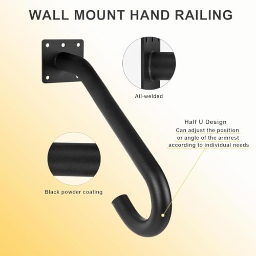 VANROUG 2 Pcs Handrail for Outdoor Steps 1-3 Step Stair Handrail Safety Grab Bar for Stairs U-Shaped Handrail Black Wall Mounted Stair Railing Kit for Garage Porch Deck Entry Steps - Image 3