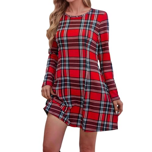 Kariertes Winterkleid Damen Langarm Herbstkleid Lose Kleider Party Mini Kleid A-Linie Cocktailkleid Retro Pulloverkleid Tunika Kleid Karo...