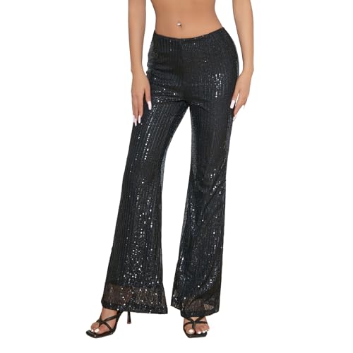Women Sparkly Sequin Pants Glitter High Waist Wide Leg Trousers Flare Bell Bottom Night Out Party Shiny Clubwear
