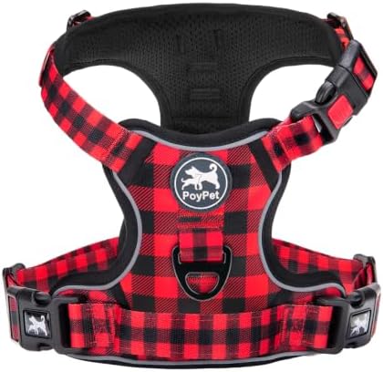 PoyPet Keine Pull Hundegeschirr Front Reflektierende Pet Weste für Hunde mit Einfache Kontrolle Griff und Rückseite perfekt für den täglichen Training, Walken, Running(Kariertes Ro