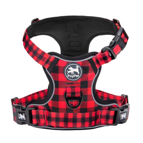 PoyPet Plaid Dog Harness Medium, No Pull Vest with Front Clip & Neck Buckle