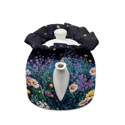 Image of Xoenoiee Black Cat Whimsical Night Garden Print Tea Cozy Tea Pot Cover Insulation Tea Cosy Teapot Dust Cover Teapot Warmer for Home Kitchen Teapot Covers