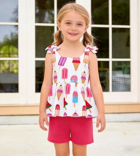 Image of Toddler Girls Clothes Summer Short Set Outfit Tie Knot Shoulder Sleeveless Ruffle Tops and Shorts 2PC Clothing Set