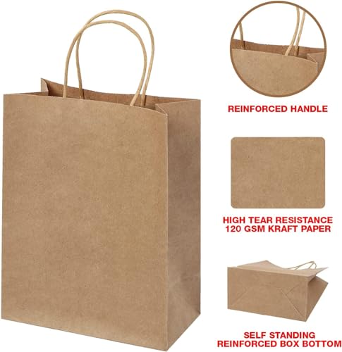 Image of Brown Kraft Paper Bags with Handles- 25pcs 10 inchx14 inchx5 inch Medium Size Bags, Return Gift Craft Paper carry Bag for Shopping Retail Merchandise - Disposable