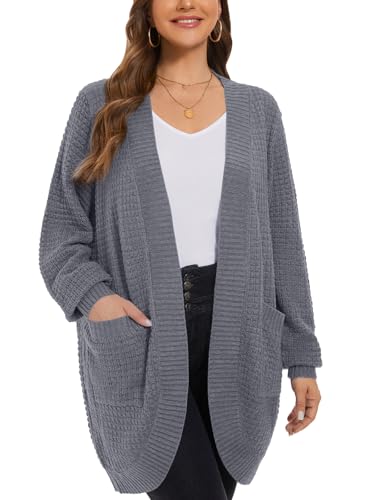 Image of LARACE Long Cardigans for Women Plus Size Tops Open Front Sweaters with Pockets Waffle Ribbed Sleeve Loose Fall Outwear