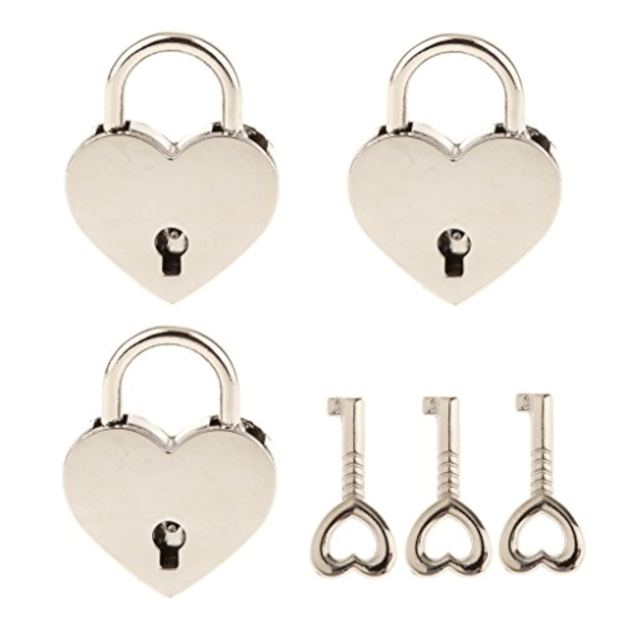 Set of 3 Vintage Mini Heart Shape Padlock with Keys, Silver