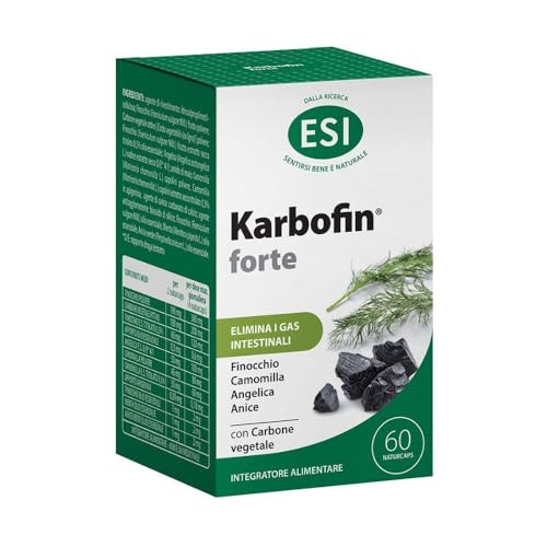 ESI, Karbofin Forte, Integratore Carbone Vegetale Gonfiore, Elimina i Gas Intestinali e Regolarizza l'Attività Intestinale, Con Finocchio, Camomilla e Anice, Vegan, Senza Coloranti, 60 Naturcaps