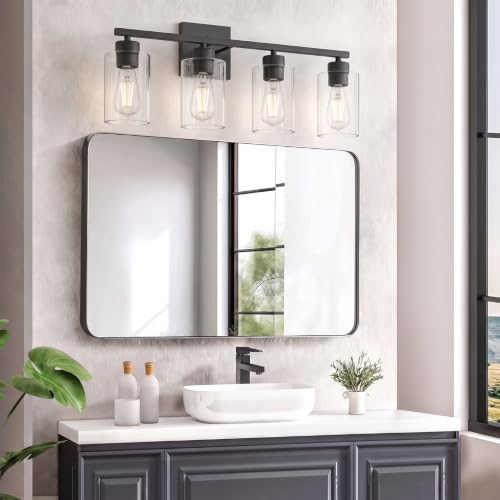 Image of 4 Light Bathroom Vanity Light - Matte Black Bathroom Light Fixtures UL Certification, Round Light Fixture Over Mirror, Farmhouse Light Fixtures for Bathroom & Bedroom
