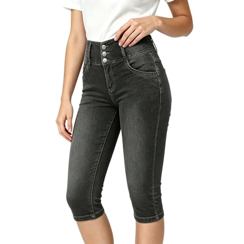 Pantalon 3/4 pour femme en denim stretch taille haute avec poches
